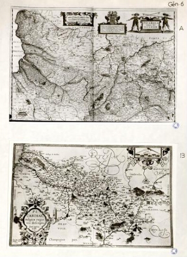 A) Picardia vera et inferior. Carte géographique. Repro. Photographique. B) Picardiae, Belgicae regionis descriptio. - Joanne Surhonio auctore. 1579