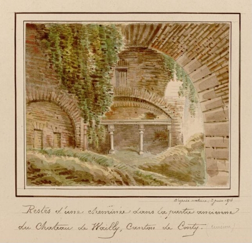 Restes d'une cheminée dans la partie ancienne du château de Wailly (canton de Conty). - Aquarelle d’Oswald Macqueron, d'après nature, 2 juin 1873.