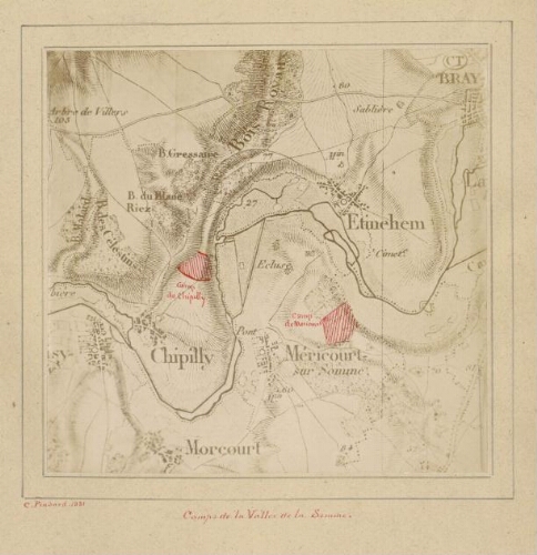 Camps de la vallée de la Somme. - C. Pinsard, 1881 photogr. d'une carte topographique, hachurés en rouge les camps de Chipilly et Méricourt.