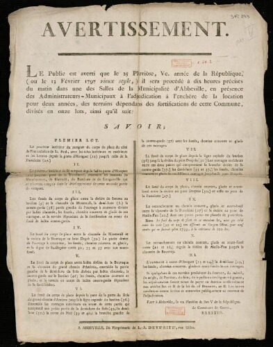 Affiche révolutionnaire. Avertissement. Abbeville, 25 Pluviôse, Ve année de la République (13 février 1797), adjudication à l’enchère de la location des terrains dépendants des fortifications.