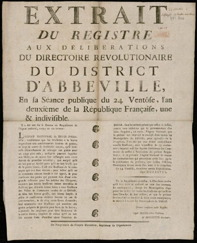 affiche révolutionnaire Extrait du Registre aux Délibérations du Directoire révolutionnaire du District d'Abbeville, en sa séance publique du 24 Ventôse, l’an de uxième de la République ….