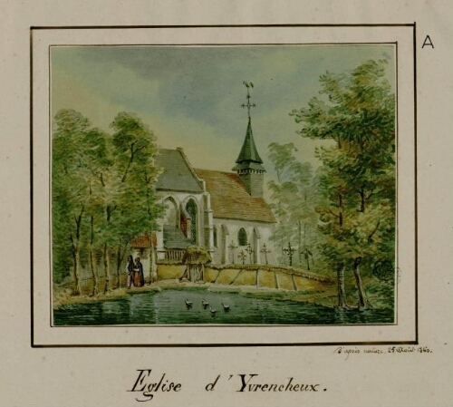 Église d'Yvrencheux. - Aquarelle d'Oswald Macqueron, d'après nature, 25 août 1860.