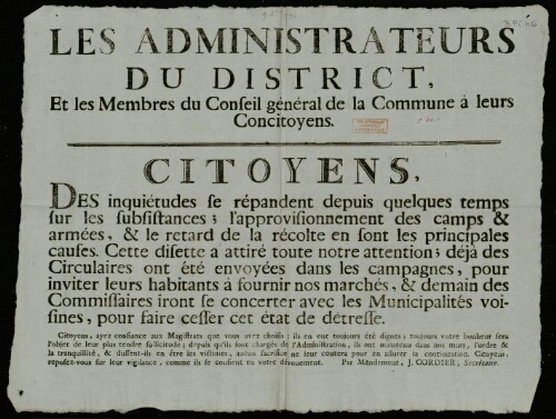 affiche révolutionnaire Les Administrateurs du District, et les membres du Conseil général de la Commune à leurs Concitoyens.