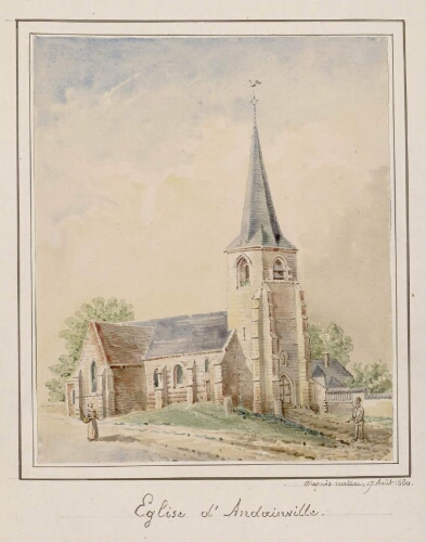 Église d'Andainville. - Aquarelle d'Oswald Macqueron, d'après nature, 17 août 1880.