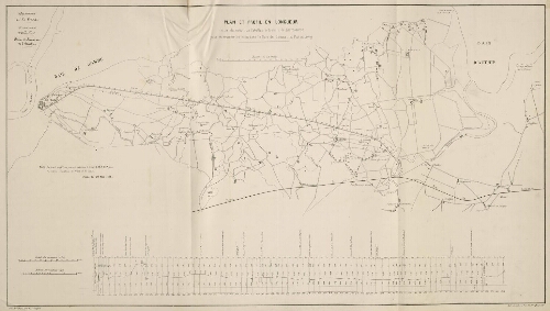 Plan et profil en longueur de la dérivation de l'Authie à travers le Marcantère (Marquenterre) pour en renverser les eaux dans la Baie de Somme, au port du Crotoy. Echelle de 1 à 20.000. - Aut. Blondeau, 218 rue St Jacques. - Lith. Langlumé fils, faubourg St Denis, 109.