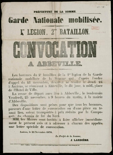 affiche 1870-1871 Préfecture de la Somme : Garde Nationale mobilisée. 1ère Légion, 2ème Bataillon. Convocation à Abbeville.