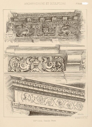 XVIe siècle - Folleville - Corniche - Frises. - Imp. Vieillemard et ses Fils, Paris (Extrait d'"Architecture et sculpture" - 5e année).