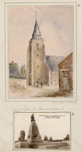 A) Église de Beaumont-Hamel. - Aquarelle d'Oswald Macqueron, d'après nature, 27 avril 1877. B) Beaumont-Hamel : Parc commémoratif Terreneuvien, 51e division, monument écossais. - Carte postale O. Grossel, libr., à Albert.