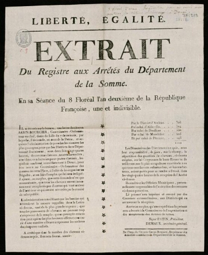 affiche révolutionnaire Extrait du Registre aux Arrêtés du Département de la Somme. En sa séance du 8 Floréal l’an de uxième de la République françoise ....