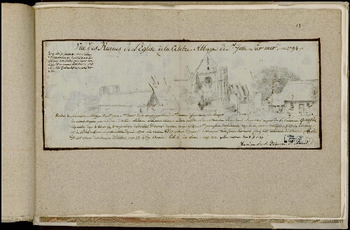 Vue des ruines de l'église de la célèbre abbaye de Josse-sur-Mer en 1794. Dessiné par A. C. A. Delignières Saint Amand.  Notice