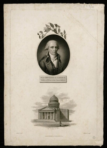 M. le chevalier de Lamarck, professor of botany of the National Institute. Vue du Panthéon sous le portrait de Lamarck. - David, pinx. - Hopwood, sculp. - London : published by D. Thornton, déc. 1805.