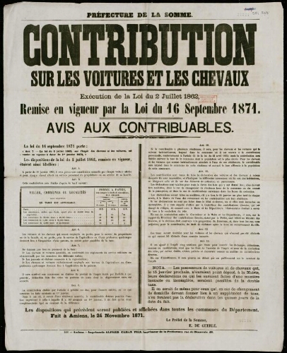 affiche 1870-1871 Préfecture de la Somme : Contribution sur les voitures et les chevaux. Exécution de la loi du 2 juillet 1862, remise en vigueur par la loi du 16 septembre 1871. Avis aux contribuables.