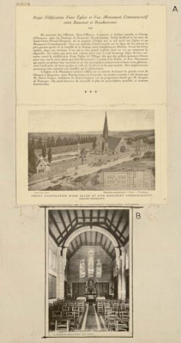 A) Projet d'édification d'une église et d'un monument commémoratif entre Rancourt et Bouchavesnes note explicative et représentation. - Lapina, imp., Paris. B) Cimetière national de Rancourt : vue intérieure de la chapelle. - Carte postale M. Souillard, phot.-éd., Paris.