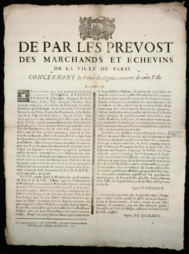 Affiche Ancien Régime. "De par les Prevost des Marchands et Échevins de la Ville de Paris Concernant la Police des Égouts couverts de cette Ville".