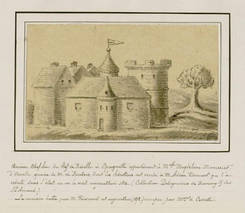 Ancien Chef-lieu du fief de Préville à Epagnette appartenant à Melle Magdeleine Manessier d'Omatre (Aumâtre), épouse de M. de Boubers, dont les héritiers ont vendu à M. Adrien Ricouart qui l'a rebâti dans l'état où on le voit aujourd'hui, 1811. - Dessin d'Oswald Macqueron d'après la collection Delignières de St Amand et de Bommy. Nota : la maison bâtie par M. Ricouart est aujourd'hui (1872) occupée par Mme de Cossette.