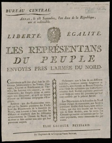 affiche révolutionnaire Les Représentans du Peuple envoyés près l'Armée du Nord.