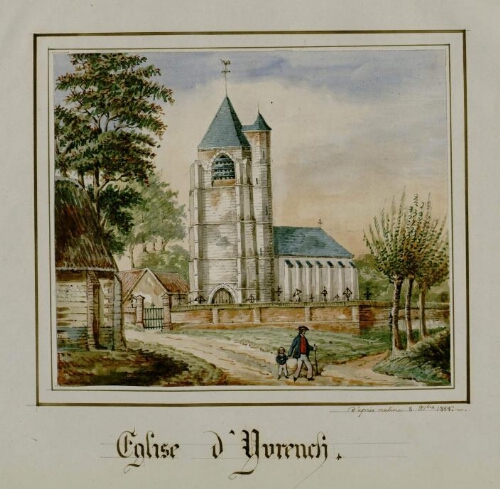 Église d'Yvrench. - Aquarelle d'Oswald Macqueron, d'après nature, 8 décembre 1855.