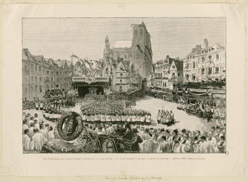 Les Funérailles de l'Amiral Courbet à Abbeville, sa ville natale. La Place Courbet au moment du départ du cortège. - Dessin de MM. Lepère et Tinayre