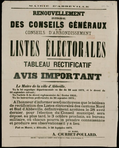 Affiche 1870-1871 : Renouvellement intégral des Conseils Généraux et des Conseils d'Arrondissement. Listes électorales. Tableau rectificatif. Avis important.