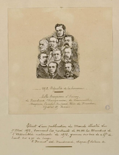 1873 : Députés de la Somme : MM. Dompierre d'Hornoy, de Rambures, Changarnier, de Rainneville, Magnier, Courbet-Poulard, Blin de Bourdon, Goblet et Barni. - Extr. d'une publication du "Monde illustré" du 17 mai 1873.