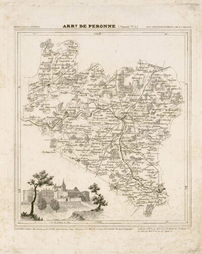 Arrondissement de Péronne (Somme), n° 5. Extr. du "Petit Atlas national des arrondissements de la France". Cartes publiées à 10 centimes par Blaisot, Galerie Vivienne, N°49 ; dressé par C.V. Monin et Victor Levasseur, Ingén. géographes ; gravé sur acier par Alès, rue des Mathurins St Jacques, n°1 ; la lettre par Abel Malo, rue des Noyers, n°52.