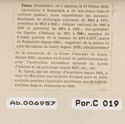 Notice biographique concernant Alexandre Caron. Verso du document précédent.