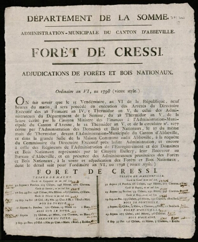 affiche révolutionnaire Département de la Somme : administration municipale du canton d’Abbeville : Forêt de Cressi : adjudication de forêts et bois nationaux. Ordinaire an VI ou 1798.