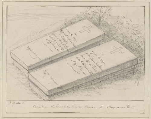 Cimetière de Tours, canton de Moyenneville. Tombes de Victorine Charlotte de Cossette et de Sanson Louis Hercule Sanson, baron de Frières. - Dessin L. Gillard.