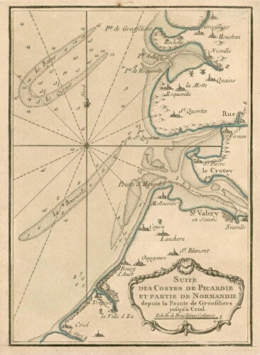 Suite des costes de Picardie et partie de Normandie depuis la Pointe de Groofiliers jusqu'à Criel. Echelle de deux lieues communes.