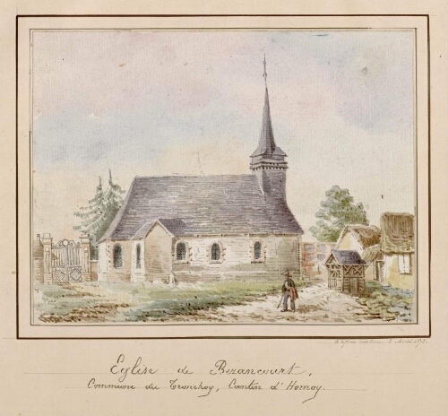 Église de Bezancourt Bézencourt, commune de Tronchoy, canton d'Hornoy. - Aquarelle d'Oswald Macqueron, d'après nature, 2 avril 1872. - Nota : le 1er juillet 1972, la commune de Tronchoy, avec ses écarts de Bézencourt et Boulainvillers, est rattachée sous le régime de la fusion-association à celle d'Hornoy qui de vient Hornoy-le-Bourg.