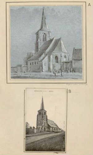 A) Église de Méaulte. - Aquarelle d'Oswald Macqueron, d'après nature, 20 août 1874. B) Méaulte (Somme) : Eglise. - Carte postale. Grossel, Albert.