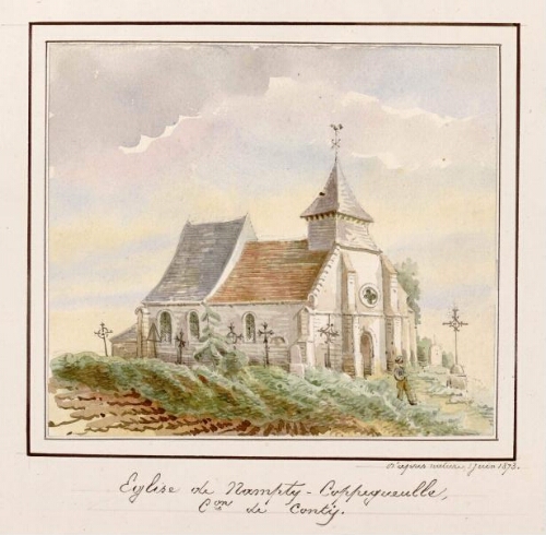 Eglise de Nampty-Coppegueulle (canton de Conty). - Aquarelle d’Oswald Macqueron, d'après nature, 1er juin 1873.