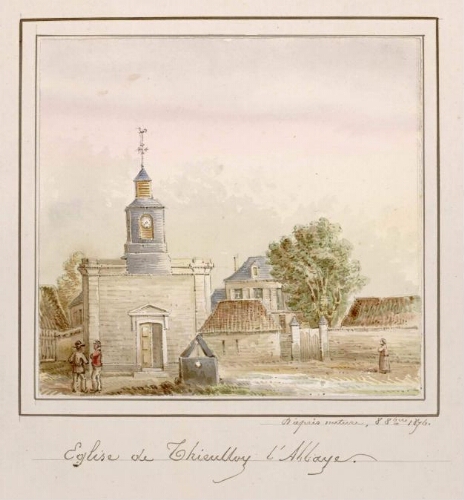 Église de Thieulloy-l'Abbaye. - Aquarelle d'Oswald Macqueron, d'après nature, 8 oct. 1876.