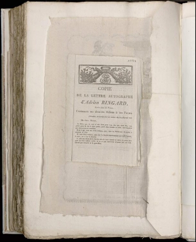 Copie de la lettre autographe d’Adrien Ringard écrite dans la prison, contenant ses de rniers adieux à ses parens. 9 février 1825. Copie de la lettre autographe de Jean-Charles-François Ringard, père, à son épouse. - Imprimerie de H. de vérité, éditeur du "Journal d'Abbeville"