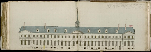 VuEMéridionale de l’abbaye de Saint-Riquier en Ponthieu telle qu’elle était de puis sa reconstruction aux dépens de s religieux après l’incendie du 29 mars 1719 jusqu’à sa de struction par le vandalisme révolutionnaire, d’après le plan en relief donné à la bibliothèquEMunicipale d’Abbeville par M. de lignières de Bommy