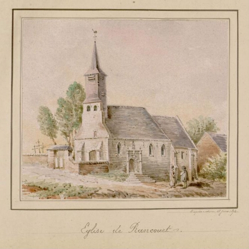 Église de Rancourt. - Aquarelle d’Oswald Macqueron, d'après nature, 18 juin 1874.