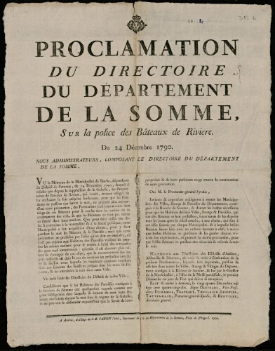 Affiche révolutionnaire. Proclamation du directoire du département de la Somme sur la police des bateaux de rivière, du 24 décembre 1790