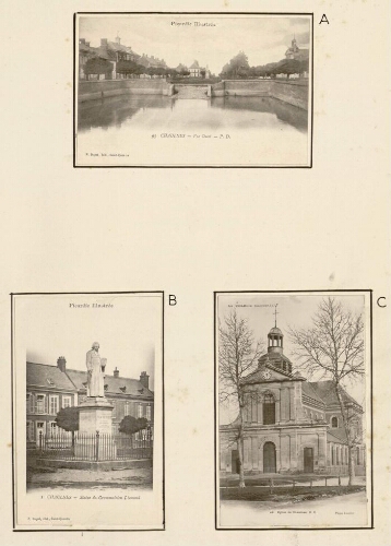 A) Chaulnes, vue ouest. - Carte postale n°9. - P. Dupré, édit., Saint-Quentin. Coll. "Picardie illustrée". B) Chaulnes : statue du grammairien Lhomond. - Carte postale n°1. - P. Dupré, édit., Saint-Quentin. Coll. "Picardie illustrée". C) Église de Chaulnes. - Carte postale n°42. - P. Dupré, édit., Saint-Quentin. Plaque Lumière. Coll. "Picardie illustrée". - Nota : l’ancien édifice du XVIIIe siècle, en pierre de taille et brique, fut éprouvée par les bombardements dès septembre 1914. La reconstruction de l'église Saint-Didier, en 1927, fut rendue difficile par la découverte d'une sape sous l'édifice, vestige des âpres combats livrés de 1916 à 1918. Les travaux se poursuivirent jusque 1930.