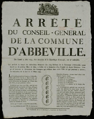 affiche révolutionnaire Arrêté du Conseil-Général de la Commune d'Abbeville. Du lundi 13 mars 1793 ….