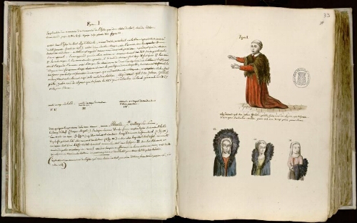 Notices explicatives des dessins de la page suivante. I) Costume de curé Cordelier au XVe siècle : soutane rouge et aumusse. Jean Galiot, curé de l’église Saint-Eloy, mort en 1406 (d’après un tableau de l’église Saint-Éloi d’Abbeville, dessin reproduit à partir de  : « Explication des cérémonies de l’église », par Dom Claude de Vert, seconde édition, t. II, p. 493-494 et p. 340, planche VII, fig. 11) II) Costume féminin, Abbeville et villes proches de la mer. Trois dessins représentant les différentes façons dont les femmes portent la mante ou cape dans les régions voisines de la mer (à partir de  : « Explication des cérémonies de l’église », par Dom Claude de Vert, seconde édition. T. II, p. 262,263, 264)