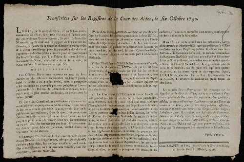 Affiche révolutionnaire. Lettres-Patentes transcrites sur les registres de la Cour des Aides, le 6 octobre 1790. Perception des droits et impositions indirectes.