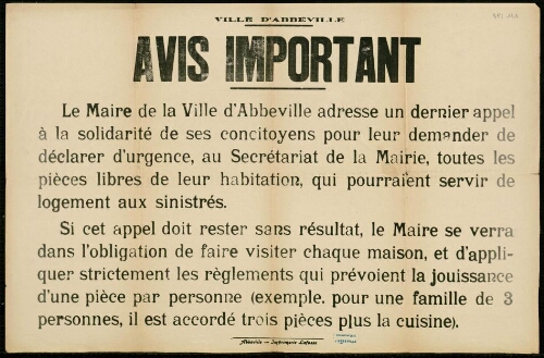 Affiche 1939-1945 : Ville d'Abbeville : Avis important. Accueil des sinistrés : relogement.