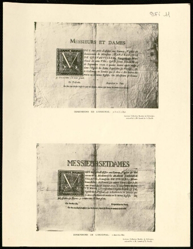 Faire-Part 1700-1799 : Enterrement de Jean-François de Quevauviller, bourgeois et marchand d'Abbeville. 12 septembre 1756 et enterrement de Marie Thèrèse Tillette, demoiselle de Woirel, Montbrun, Belair, Nullemont & autres lieux. 26 janvier 1772