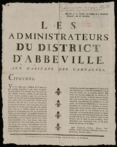 Affiche révolutionnaire. "Les Administrateurs du District d'Abbeville aux habitans des campagnes"