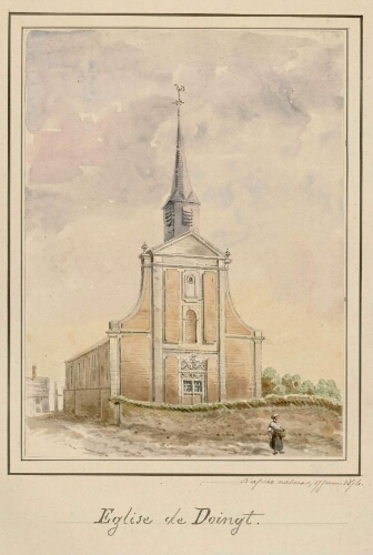 Église de Doingt. - Aquarelle d'Oswald Macqueron, d'après nature, 17 juin 1874.