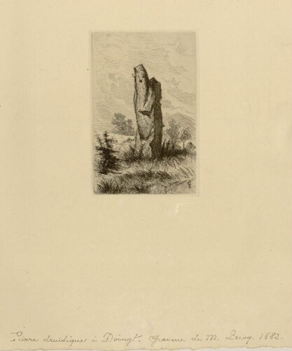 Pierre druidique à Doingt (Menhir de Doingt ou Pierre de Gargantua). - Gravure de M. Lecoq, 1882.