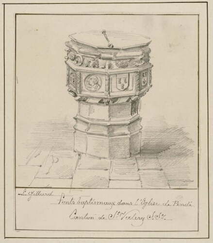 Fonts baptismaux dans l'église de Pendé : canton de Saint-Valery-sur-Somme. - Dessin de L. Gillard