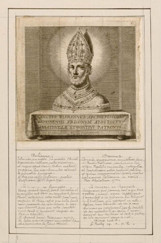 Sanctus Wlfrannus Archipiscopus Senonensis Frisonum Apostolus Abbatisvillae et Pontivi Patronus. Saint Vulfran. - Gravure de F. Poilly. Portrait accompagné d'une notice manuscrite.