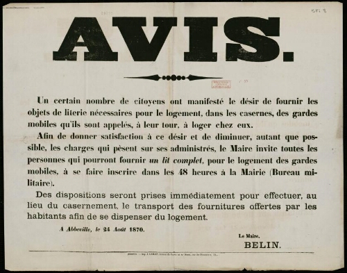 Avis (affiche sur le logement des gardes mobiles). Abbeville, le 24 août 1870.