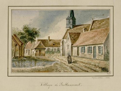 Village de Bellancourt. - Aquarelle d’Oswald Macqueron, d’après nature, 1842.